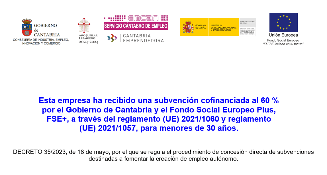 Cartel oficial de la subvención, con los logotipos del Gobierno de Cantabria (Consejería de Industria, Empleo, Innovación y Comercio), el Año Jubilar Lebaniego 2023-2024, el Servicio Cántabro de Empleo (EMCAN) y Cantabria Emprendedora, el Gobierno de España (Ministerio de Trabajo, Migraciones y Seguridad Social) y la Unión Europea (Fondo Social Europeo). El texto del cartel se transcribe debajo.